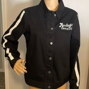 Harley Davidson Gas & Oil Women’s Black Cotton Woven White Stripe Jacket NWOT